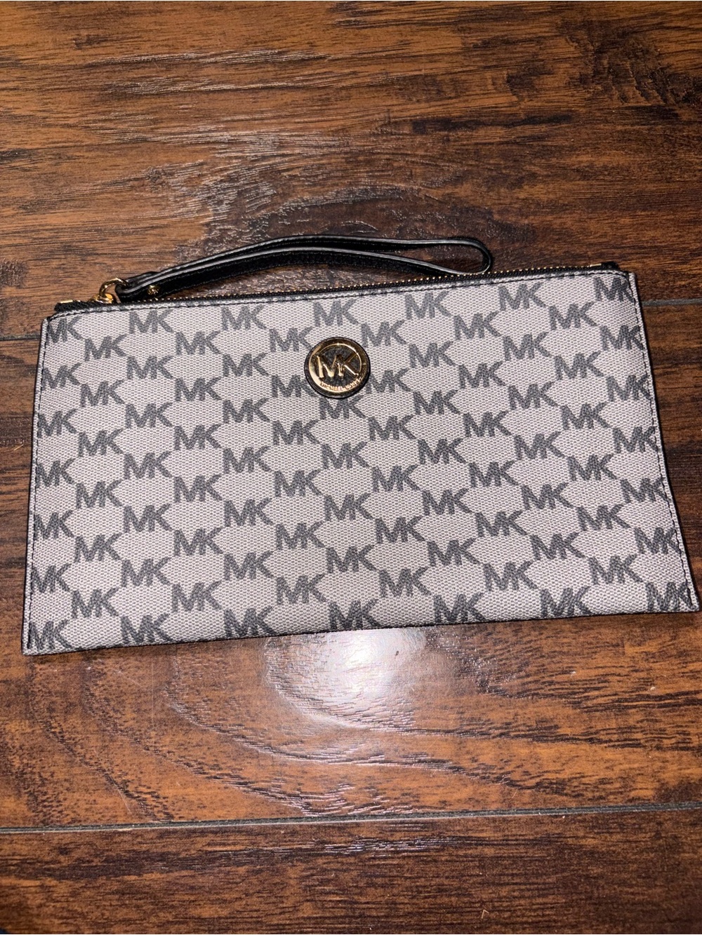 Michael Kors MK Monogram Zip Wristlet Gray with Gold Accent